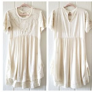 Anthropologie E Embroidered Crochet Lace Slub Knit Keyhole Short Sleeve Cream XS